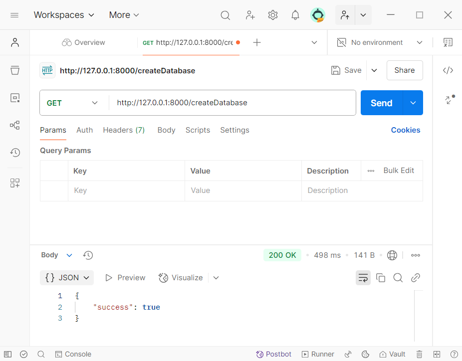 GET request for endpoint /createDatabase