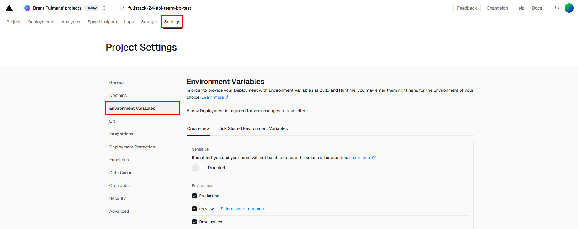 Environment Variables in Vercel