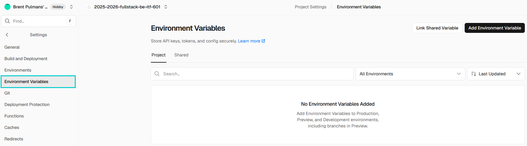 Environment Variables in Vercel