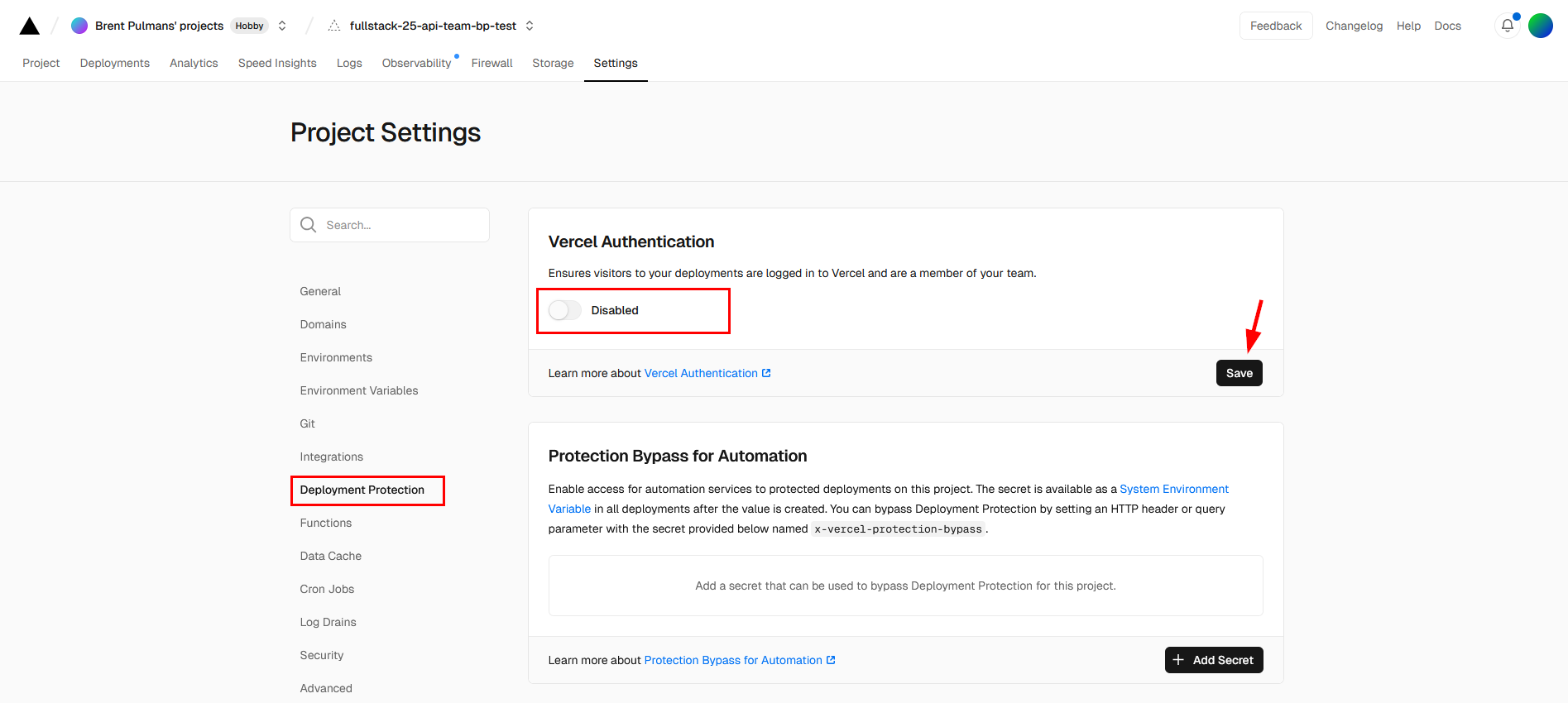 Deployment Protection in Vercel
