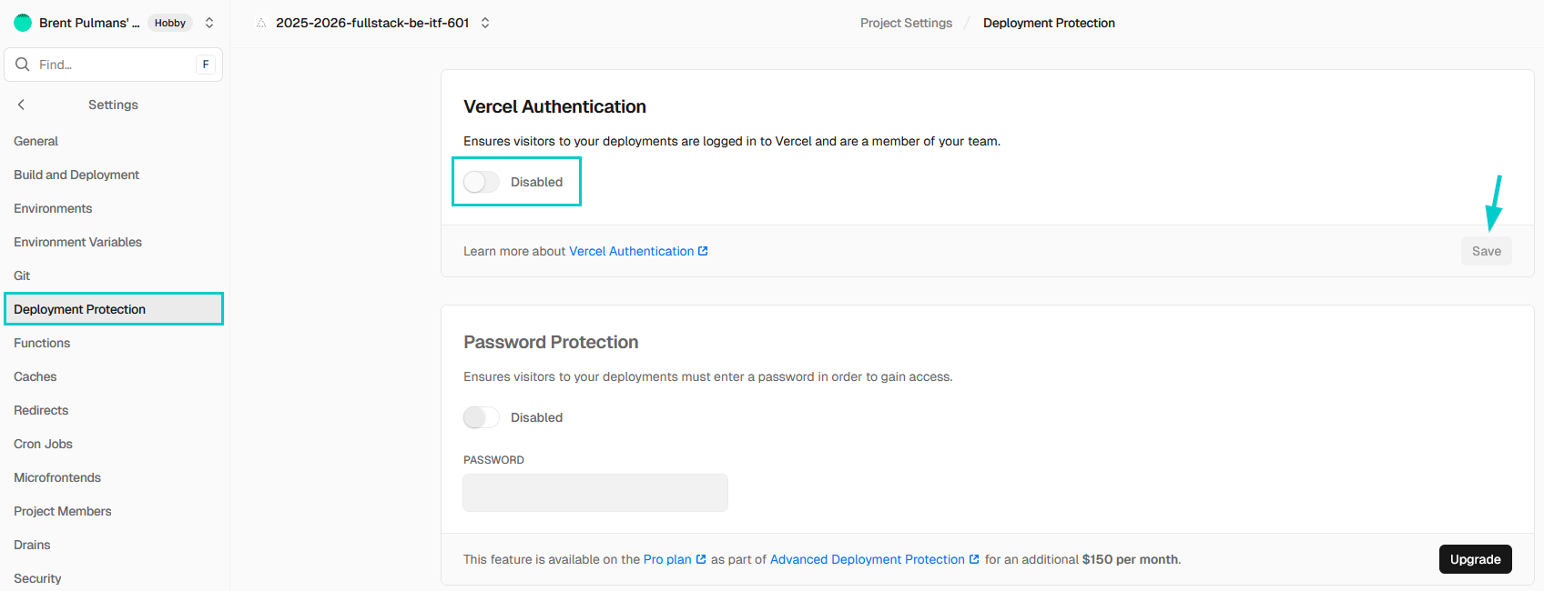 Deployment Protection in Vercel