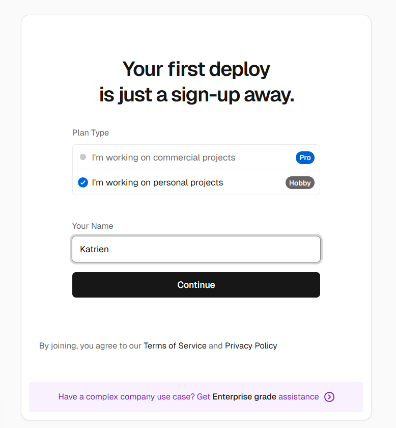 Choose Hobby plan type